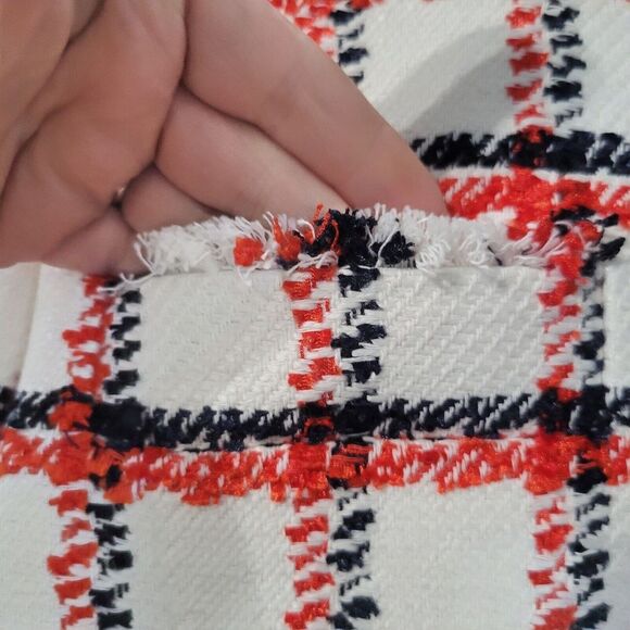 Ann Taylor Plaid Fringe Tweed Blazer‎ Coat Jacket Patriotic USA 12  Petite - Picture 9 of 13